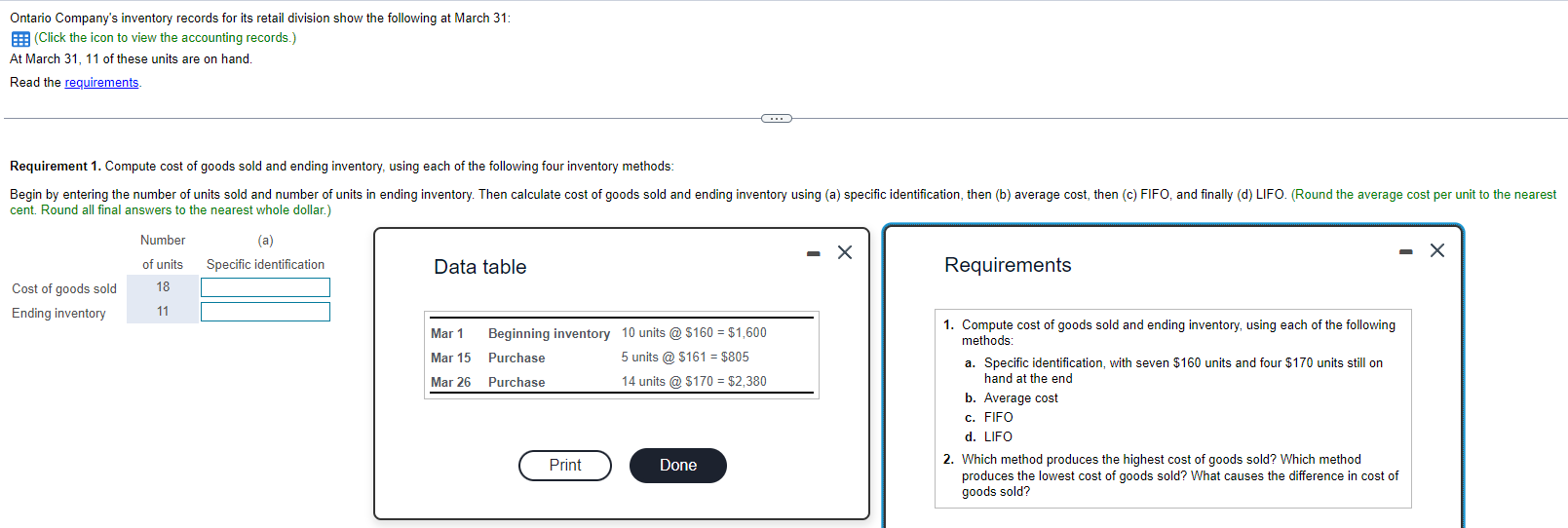 High Life Company's inventory records for its retail division show the following
