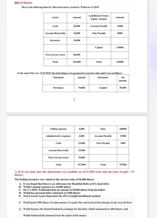  Q1) (4 Marks) Here is the fallowing data fer Mtararsai atares