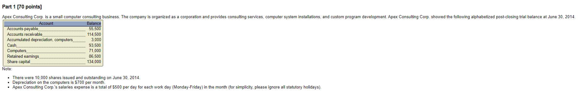 Please do adjusting entries. Part 1 (70 points] Apex Consulting Corp. is