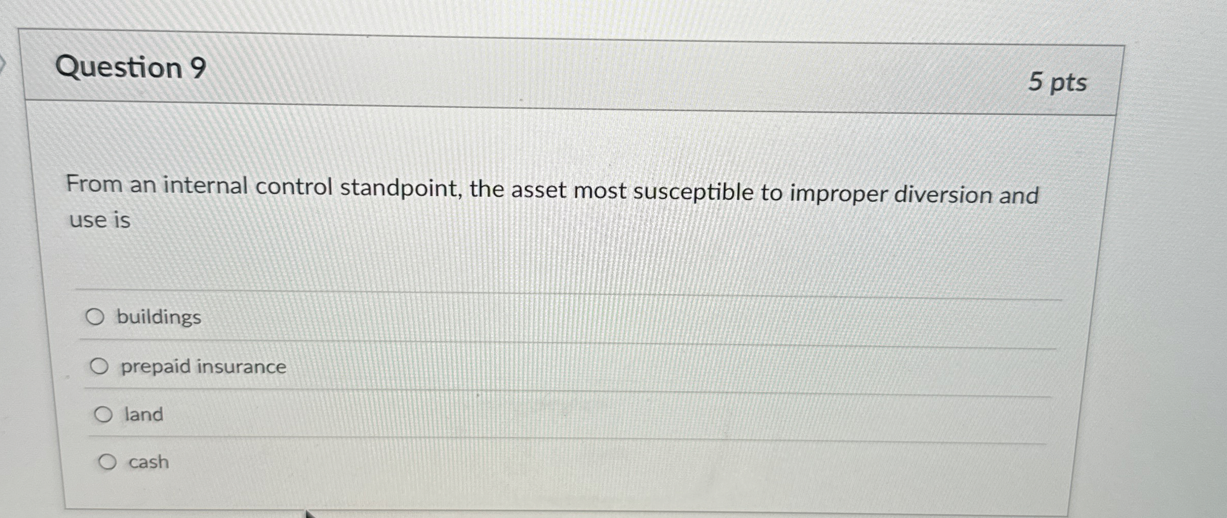  Question 9 From an internal control standpoint, the asset most susceptible