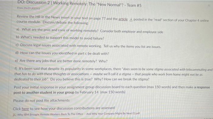  account DO: Discussion 2 Working Remotely: The "New Normal"? - Team
