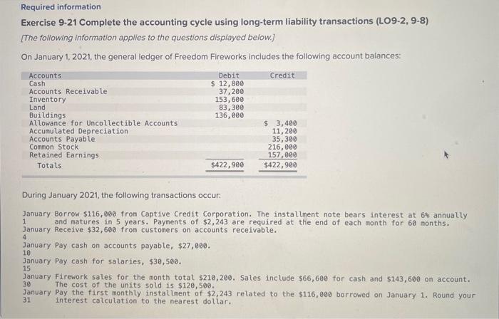 please help!! Required information Exercise 9-21 Complete the accounting cycle using long-term