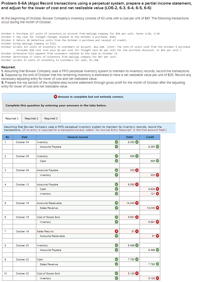  Problem 6-6A (Algo) Record transactions using a perpetual system, prepare a