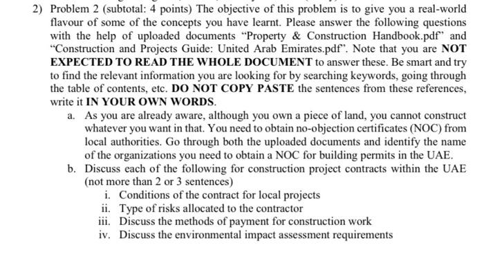  subject : construction 2) Problem 2 (subtotal: 4 points) The objective