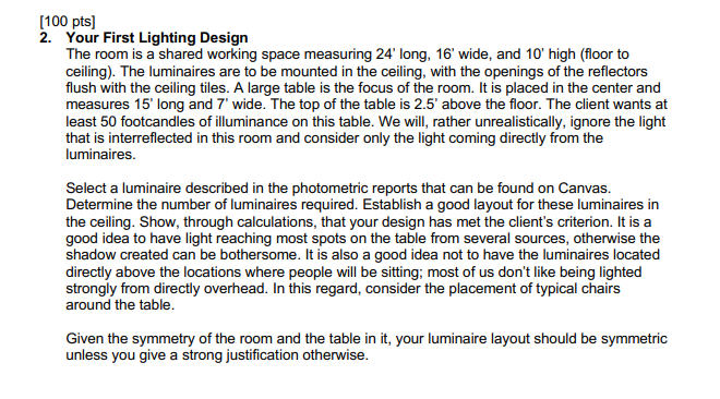 On Excel [100 pts) 2. Your First Lighting Design The room