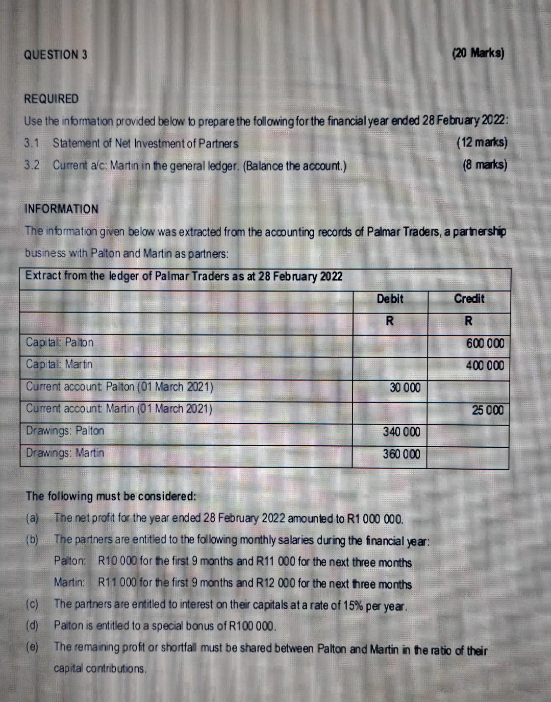  Question 3 REQUIRED Use the information provided below to prepare the
