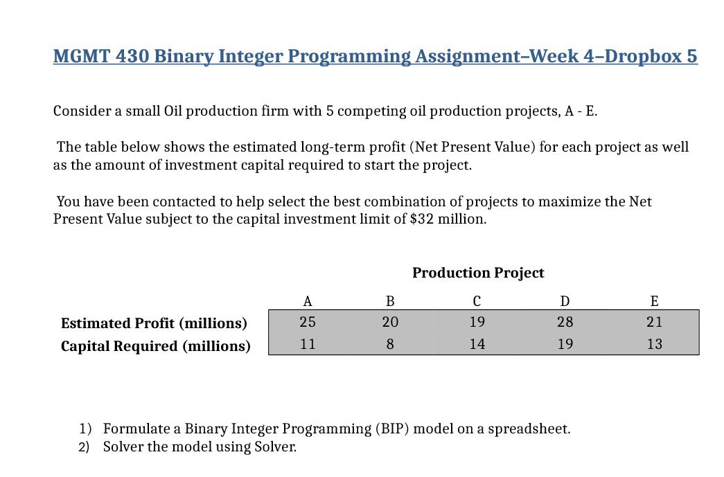  MGMT 430 Binary Integer Programming AssignmentWeek 4Dropbox 5 Consider a small