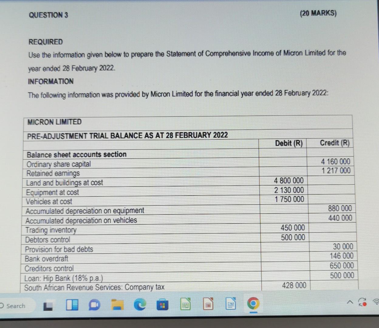  REQUIRED Use the information given below to prepare the Statement of