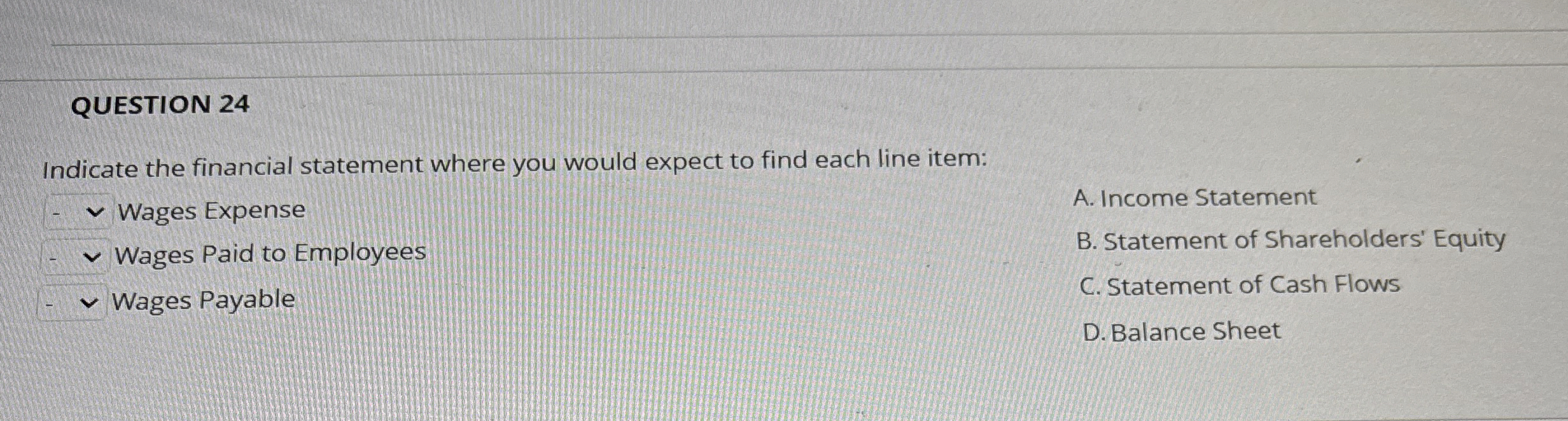  QUESTION 24 Indicate the financial statement where you would expect to