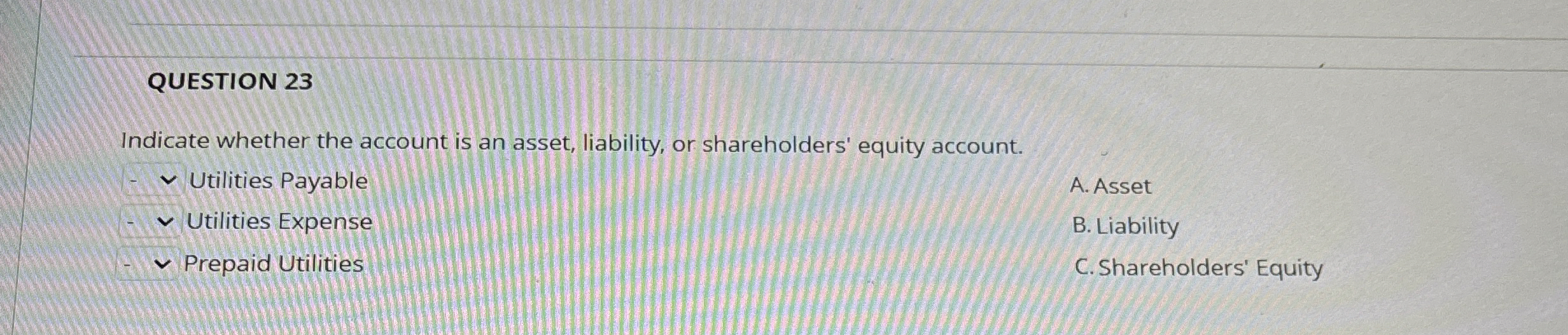 QUESTION 23 Indicate whether the account is an asset, liability, or