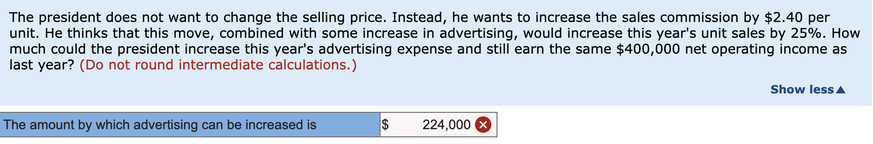 results for last year were as follows: Sales $ 1,120,000 Variable expenses