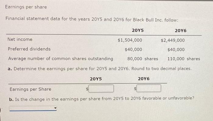 Please help me! Earnings per share Financial statement data for the years