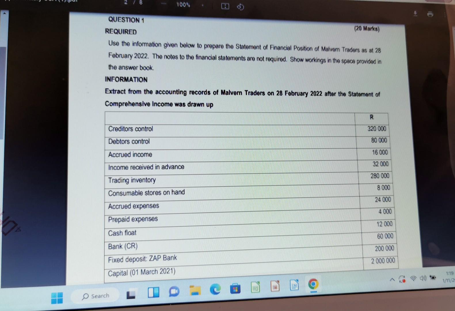  REQUIRED (20 Marks) Use the information given below to prepare the