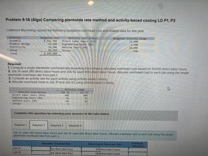 Please help with required 2 and 3 blanks Problem 4-1A (Algo) Comparing