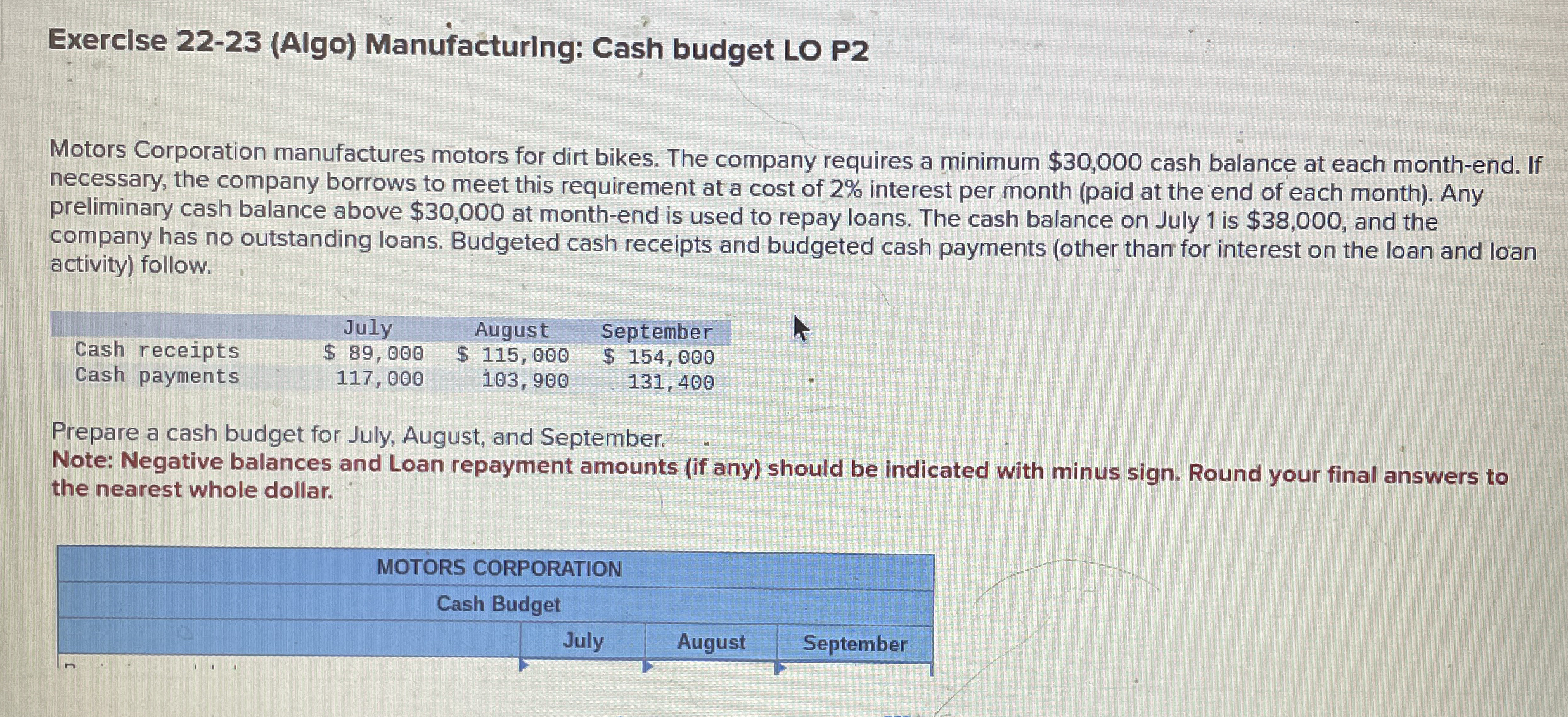  Exerclse 22-23(Algo) Manufacturing: Cash budget LO P2 Motors Corporation manufactures motors