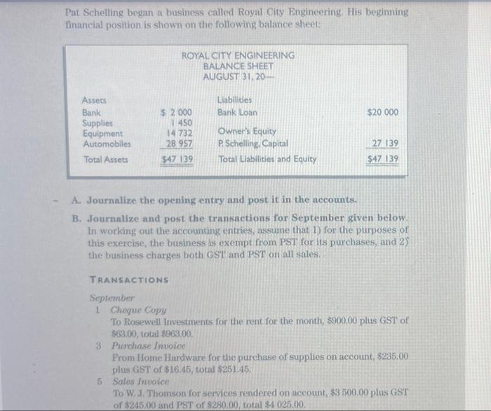 exercise are shown in the chart of accounts below ROYAL CITY ENGINEERING