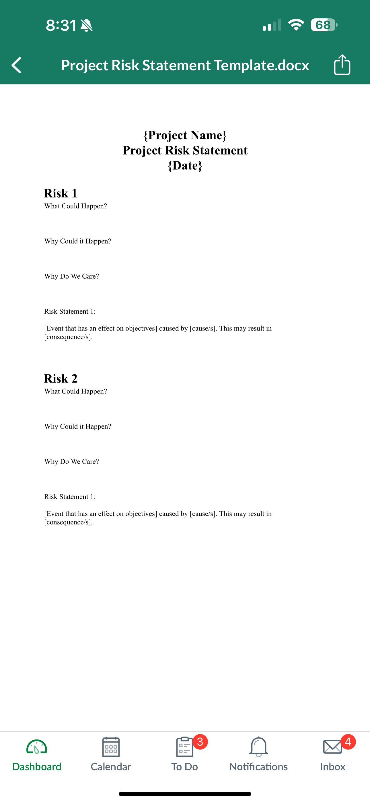 Using the provided project risk statement template, develop a high-level risk statement