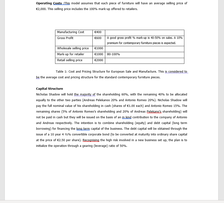  I need help with this exercise Operating Costs : This model