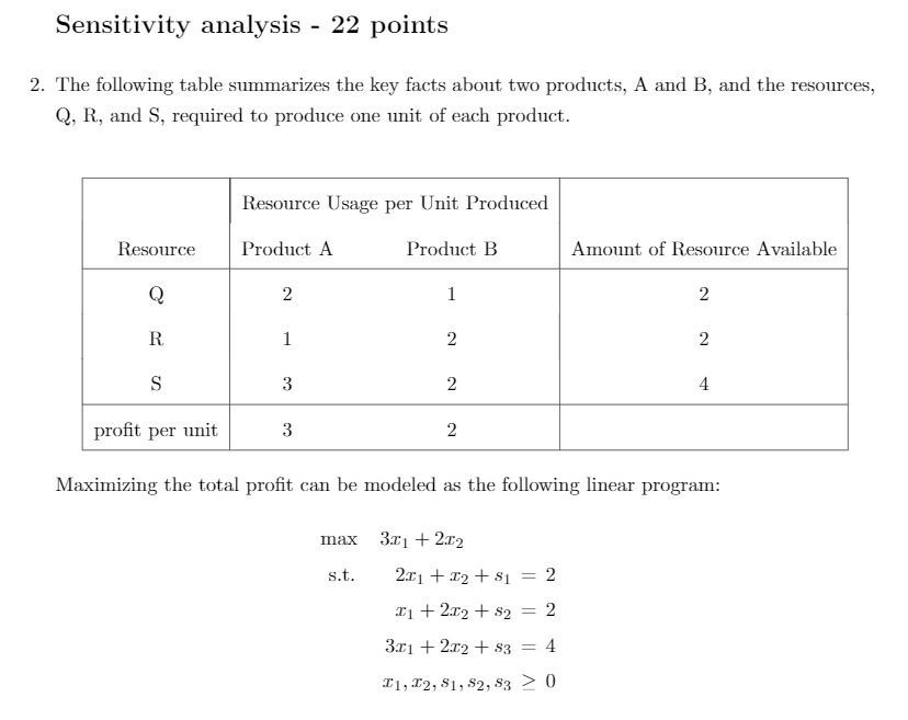 Sensitivity analysis - 22 points 2. The following table summarizes the