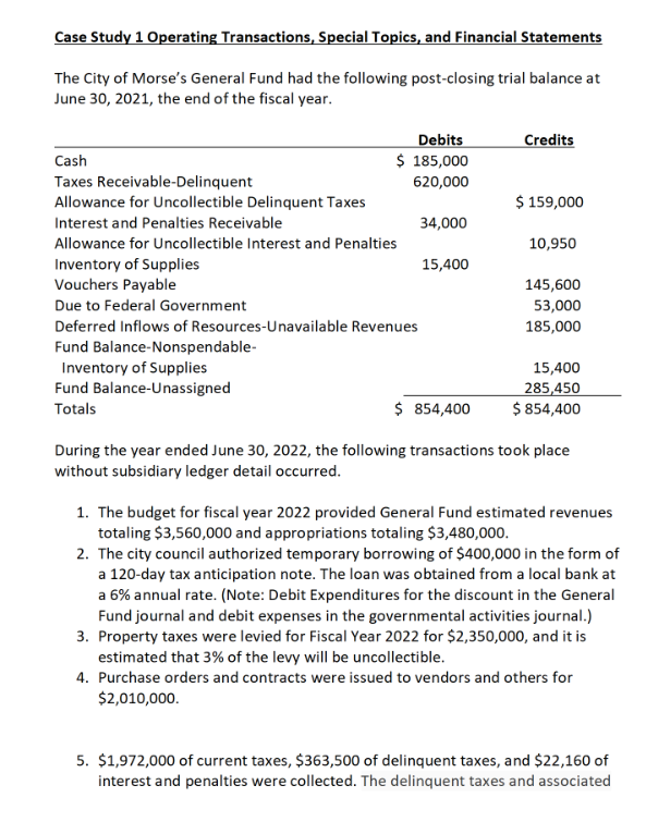 1/3 Case Study 1 Operating Transactions, Special Topics, and Financial Statements The