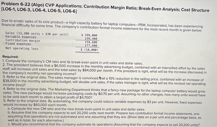 please answer required 1,2,3,4,5a,5b,5c Problem 6-22 (Algo) CVP Applications; Contribution Margin Ratio;