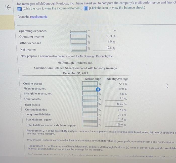 Prepare a common-size income statement and balance sheet for McDonough Products. percentages
