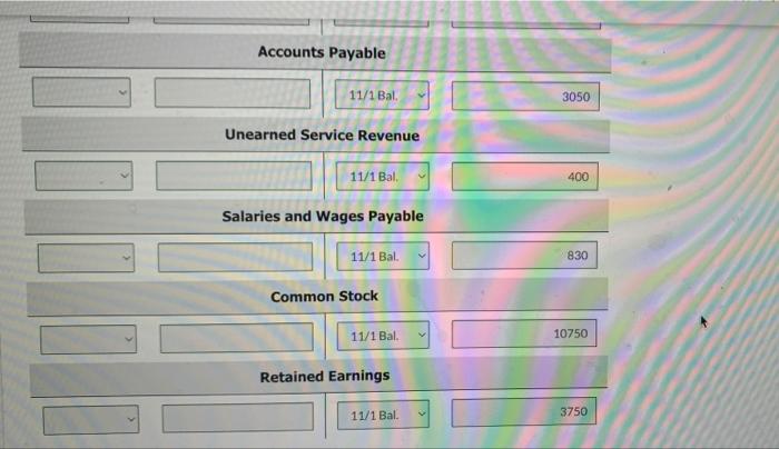 3,050 1,870 400 Supplies Equipment Accumulated Depreciation-Equipment Accounts Payable Unearned Service Revenue