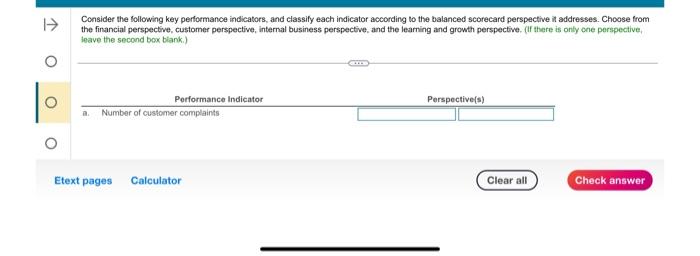help! Consider the following key performance indicators, and classify each indicator according