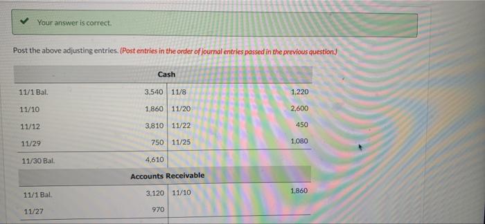 500 Accounts Payable 11/1 Bal. 3050 Unearned Service Revenue 11/1 Bal. 400