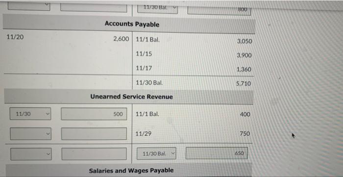 830 Common Stock 11/1 Bal. 10750 Retained Earnings 11/1 Bal 3750 Your