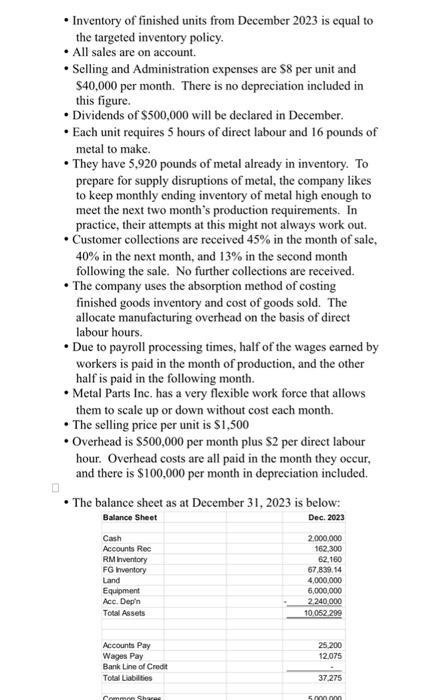 Metal Parts Inc. is preparing its monthly budget for 2024. The following