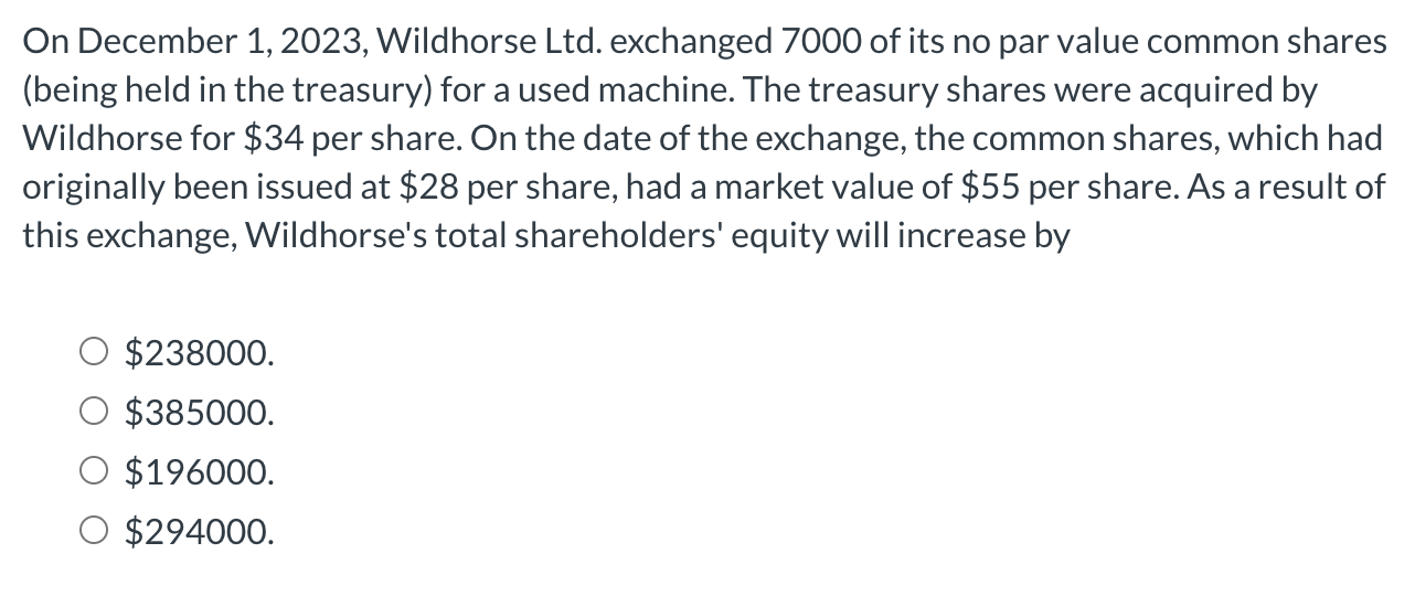  On December 1,2023, Wildhorse Ltd. exchanged 7000of its no par value
