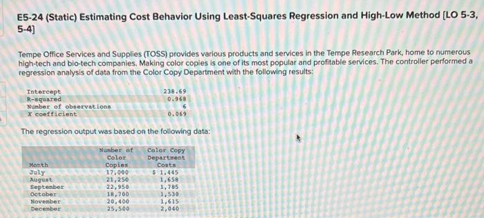 1-6 please E5-24 (Static) Estimating Cost Behavior Using Least-Squares Regression and High-Low