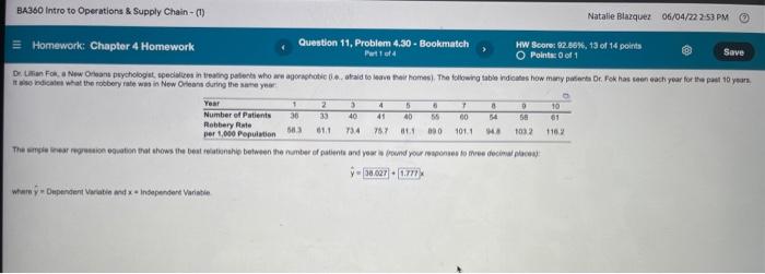  The simple linear regression equation that shows the best relationship between