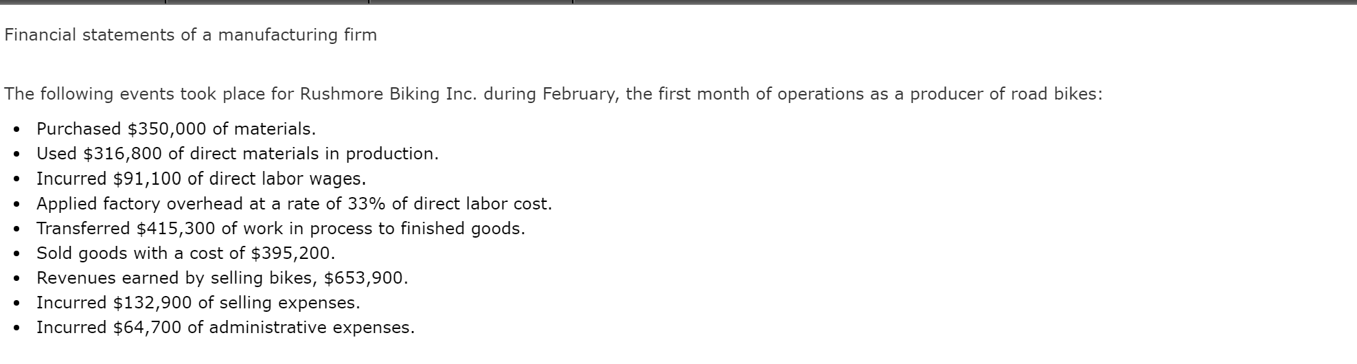chegg a. Prepare the income statement for Rushmore Biking for the month