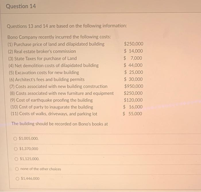 the following information: Bono Company recently incurred the following costs: (1) Purchase