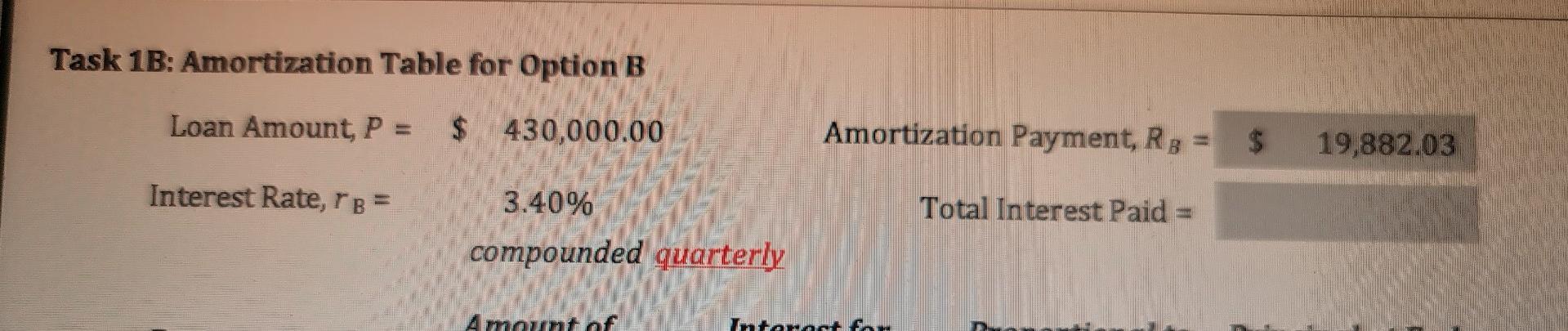 Fill in the gray space Task 1B: Amortization Table for Option