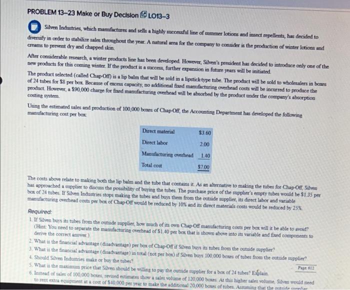 please help PROBLEM 1323 Make or Buy Decision 013-3 Silven Industries, which