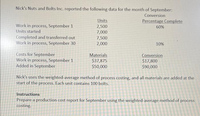 please answer Asap Nick's Nuts and Bolts Inc. reported the following data