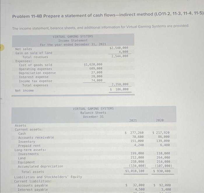 b Problem 11-4B Prepare a statement of cash flows-indirect method (LO11-2, 11-3,