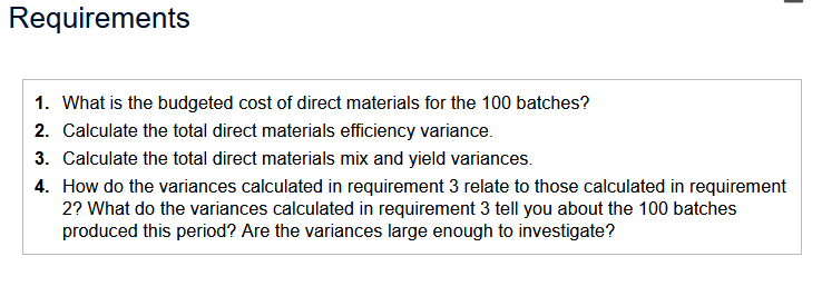 direct materials.) In the current period, Sandy's Snacks made 100 batches of