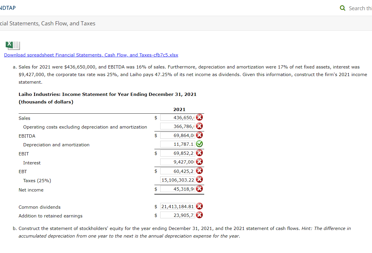 Statements, Cash Flow, and Taxes Excel Activity: Financial Statements, Cash Flow, and