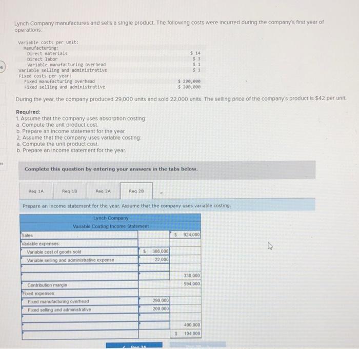 Product Costs and Income Statements [LO7-1, LO7-2] Lynch Company manufactures and sells