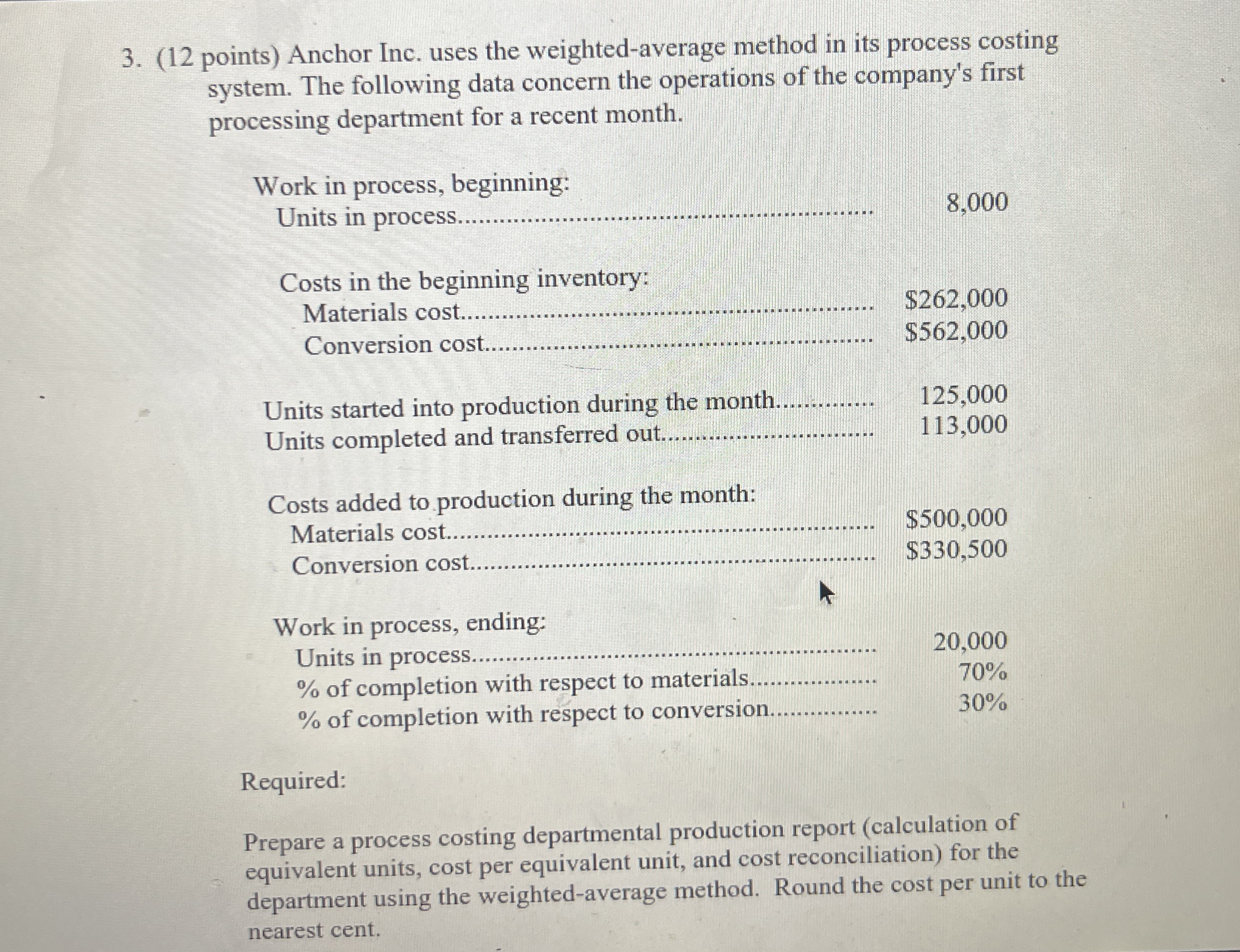  (12 points) Anchor Inc. uses the weighted-average method in its process