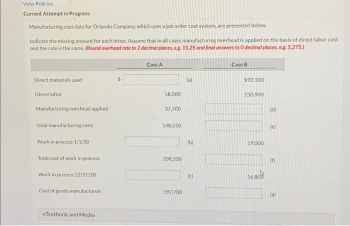 help View Policies Current Attempt in Progress Manufacturing cost data for Orlando