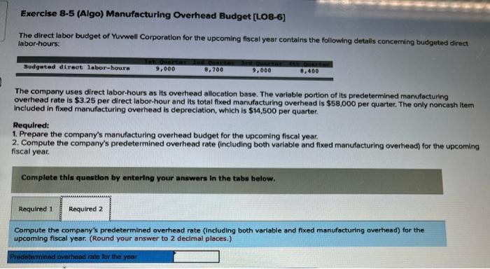 Exercise 8-5 (Algo) Manufacturing Overhead Budget [Lo8-6] The direct labor budget of