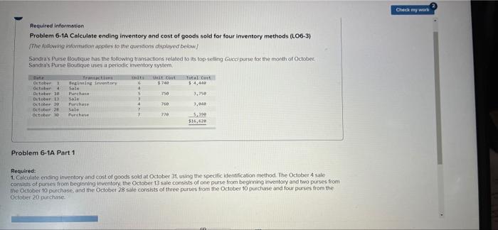 all 1 wuestion All 1 question Required information Problem 6-1A Calculate ending