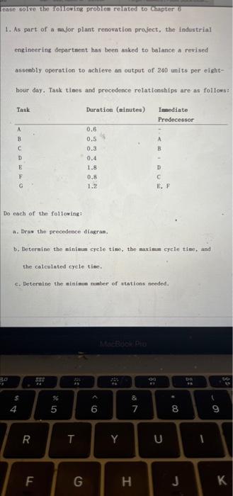 a.) draw the precedence diagramb.) determine the minimum cycle time, the maximum