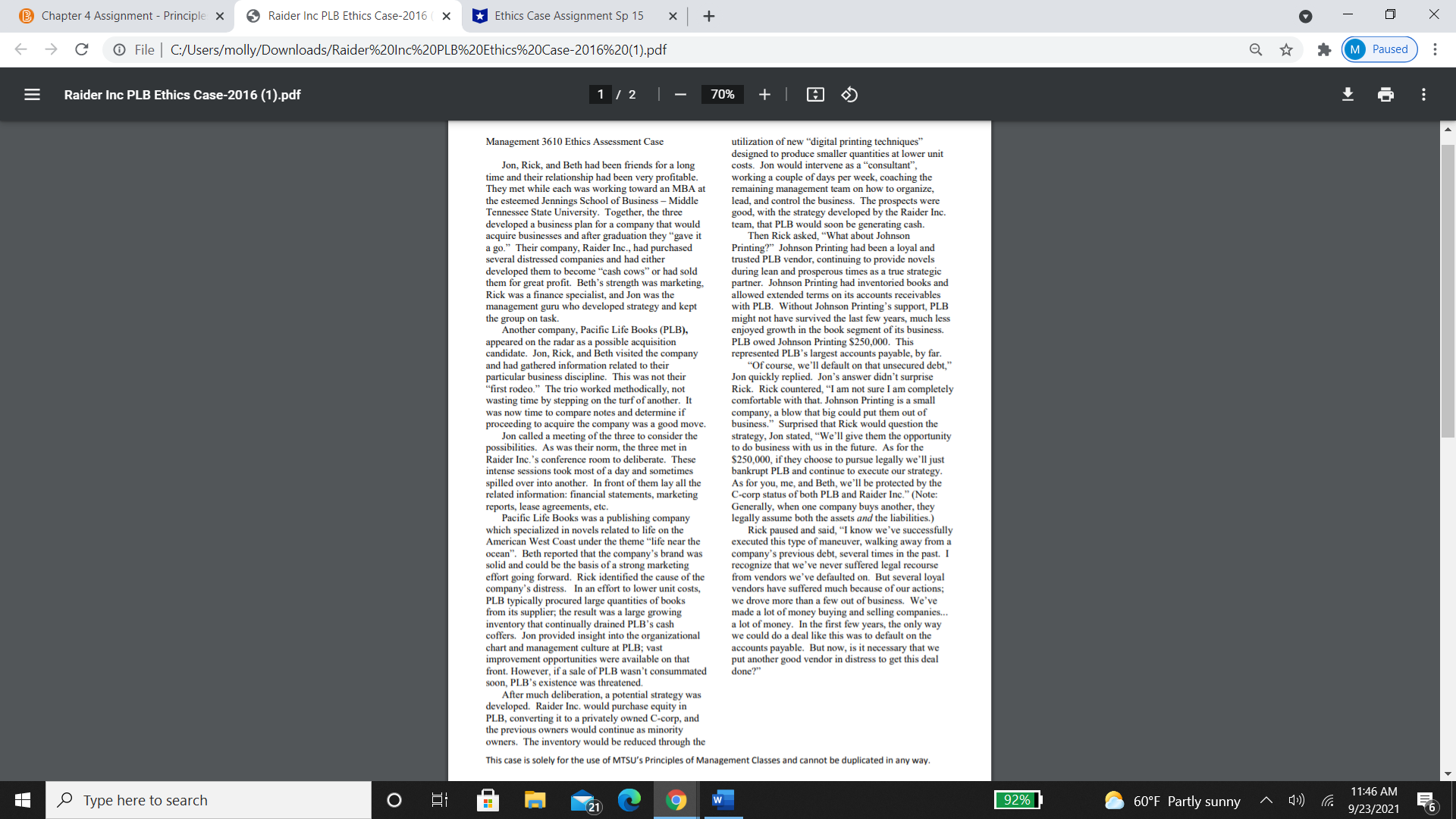 Can you please answer question 1 B Chapter 4 Assignment - Principle