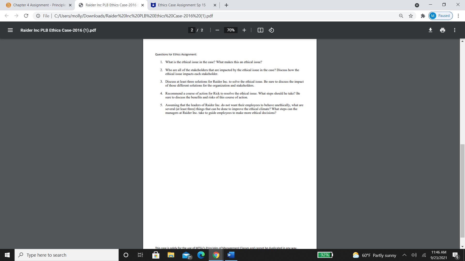 X Raider Inc PLB Ethics Case-2016 ( x Ethics Case Assignment Sp